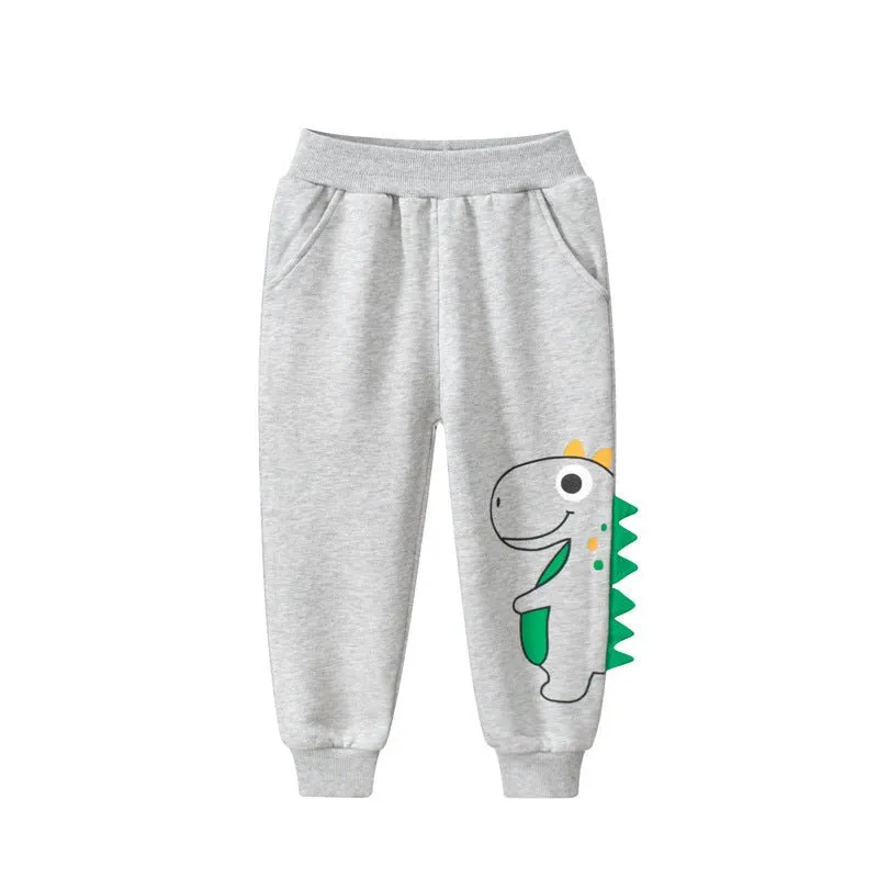 3D Cartoon Dinosaur Design Gray Cotton Pants