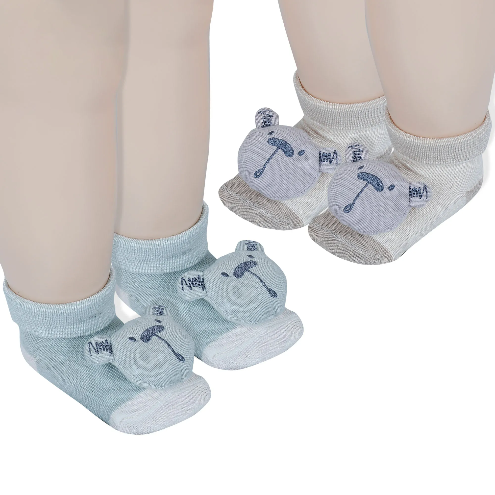 Baby Moo Bear 3D Rattle Anti-Skid Socks Booties Pack of 2 - Beige, Green