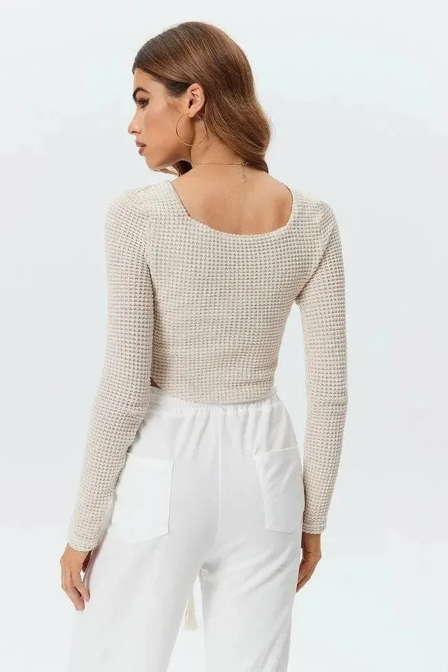 Beige Long Sleeve Waffle Knit Crop Top