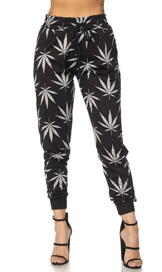 Black Classic Weed Print Drawstring Joggers