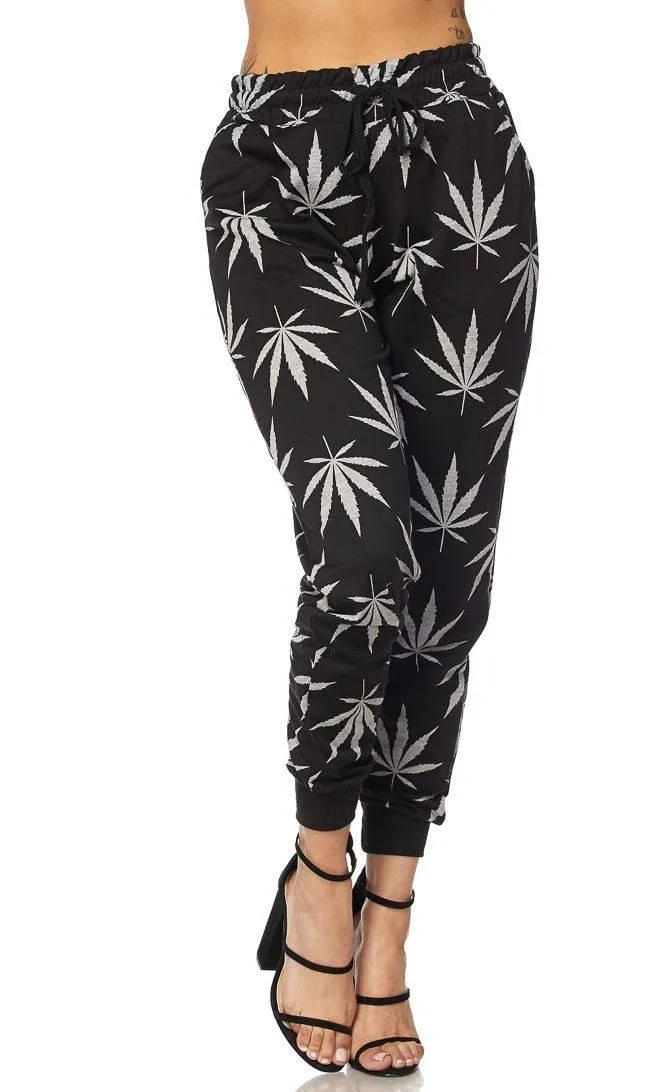 Black Classic Weed Print Drawstring Joggers