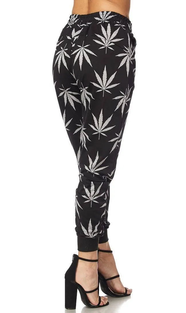 Black Classic Weed Print Drawstring Joggers