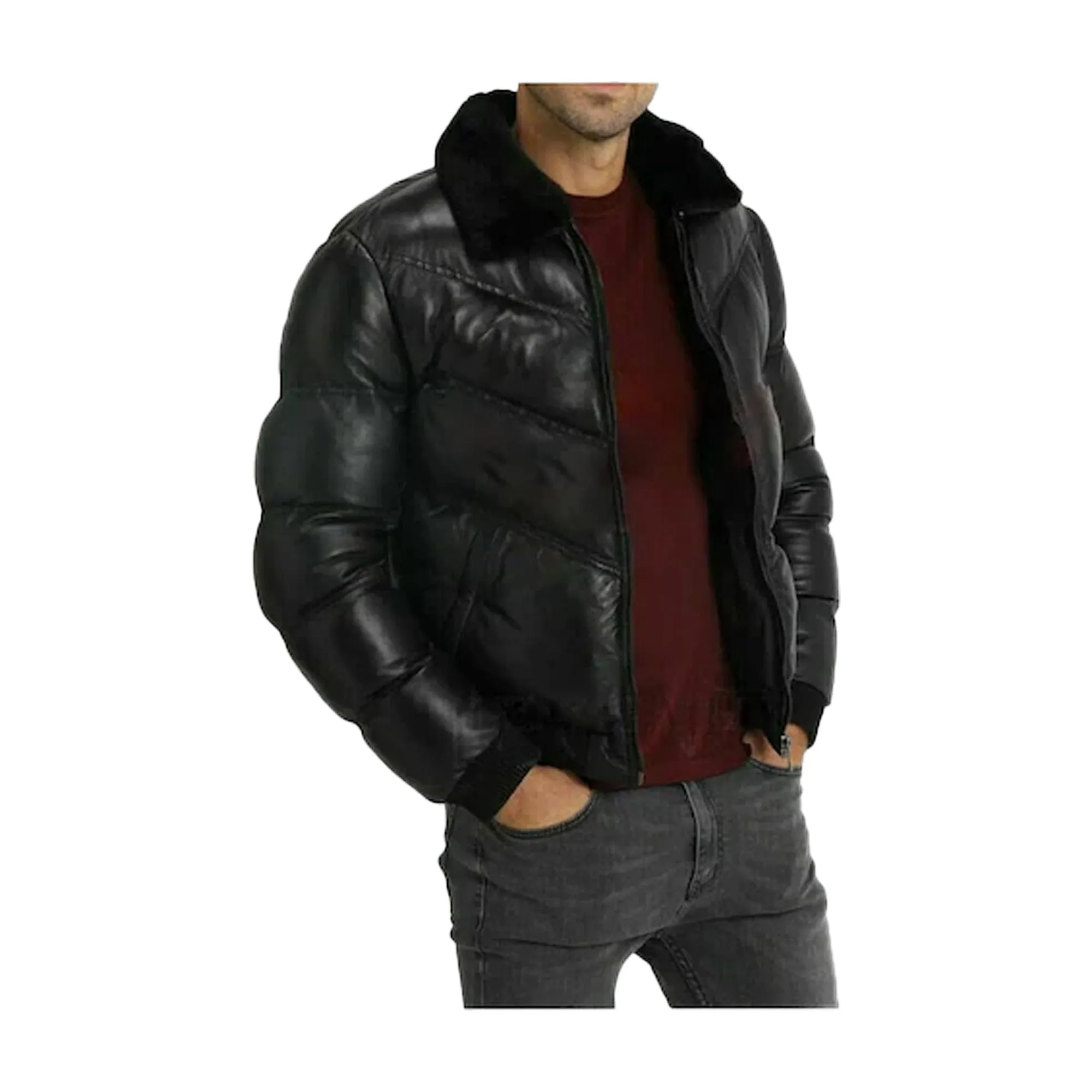 Black Puffer Jackets for Men, Stylish Lambskin Leather with Fur Collar