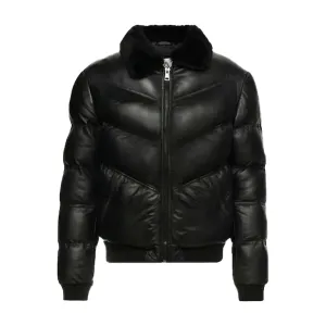 Black Puffer Jackets for Men, Stylish Lambskin Leather with Fur Collar