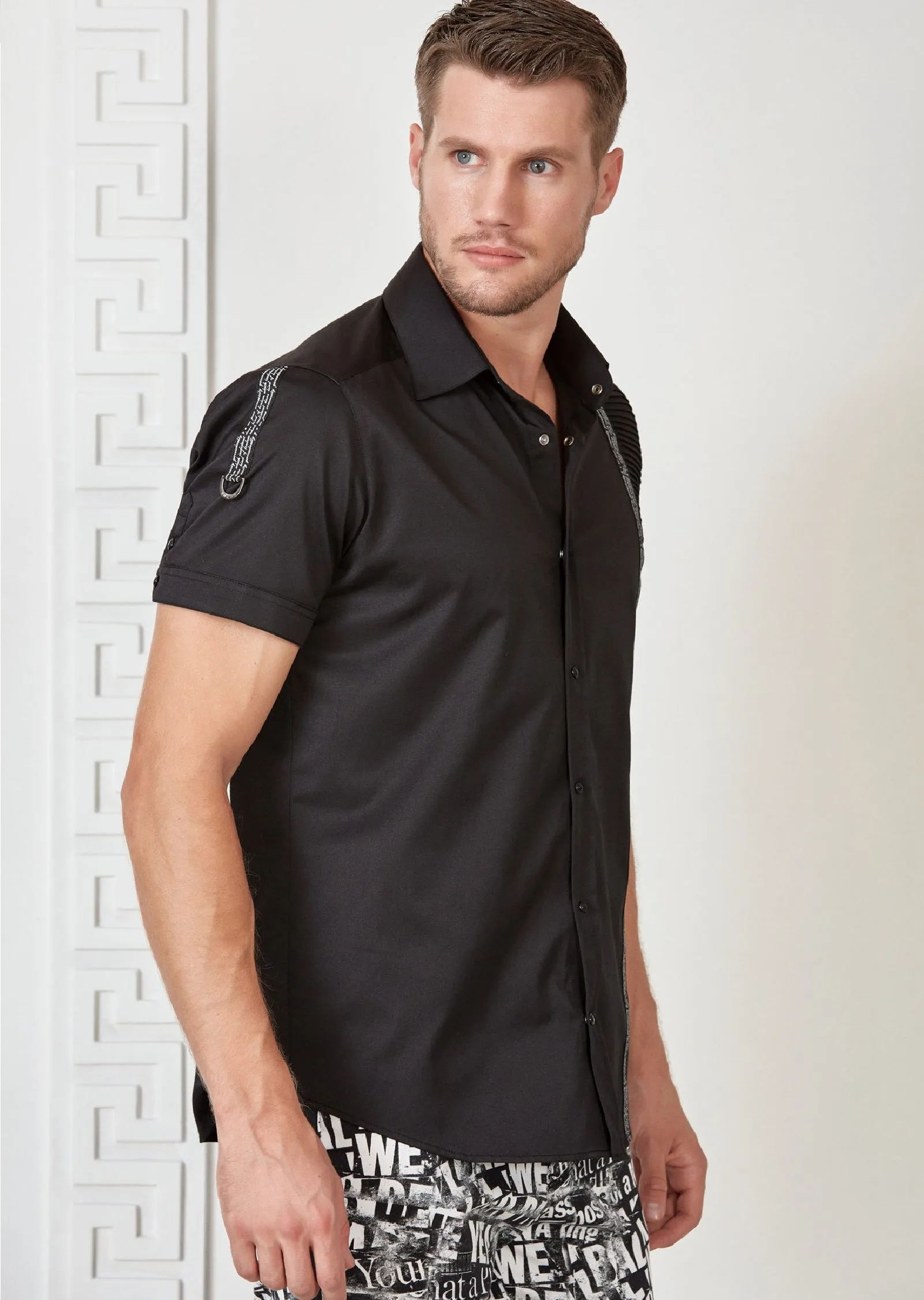 Black Quilted Ribbon Short Sleeve Shirt