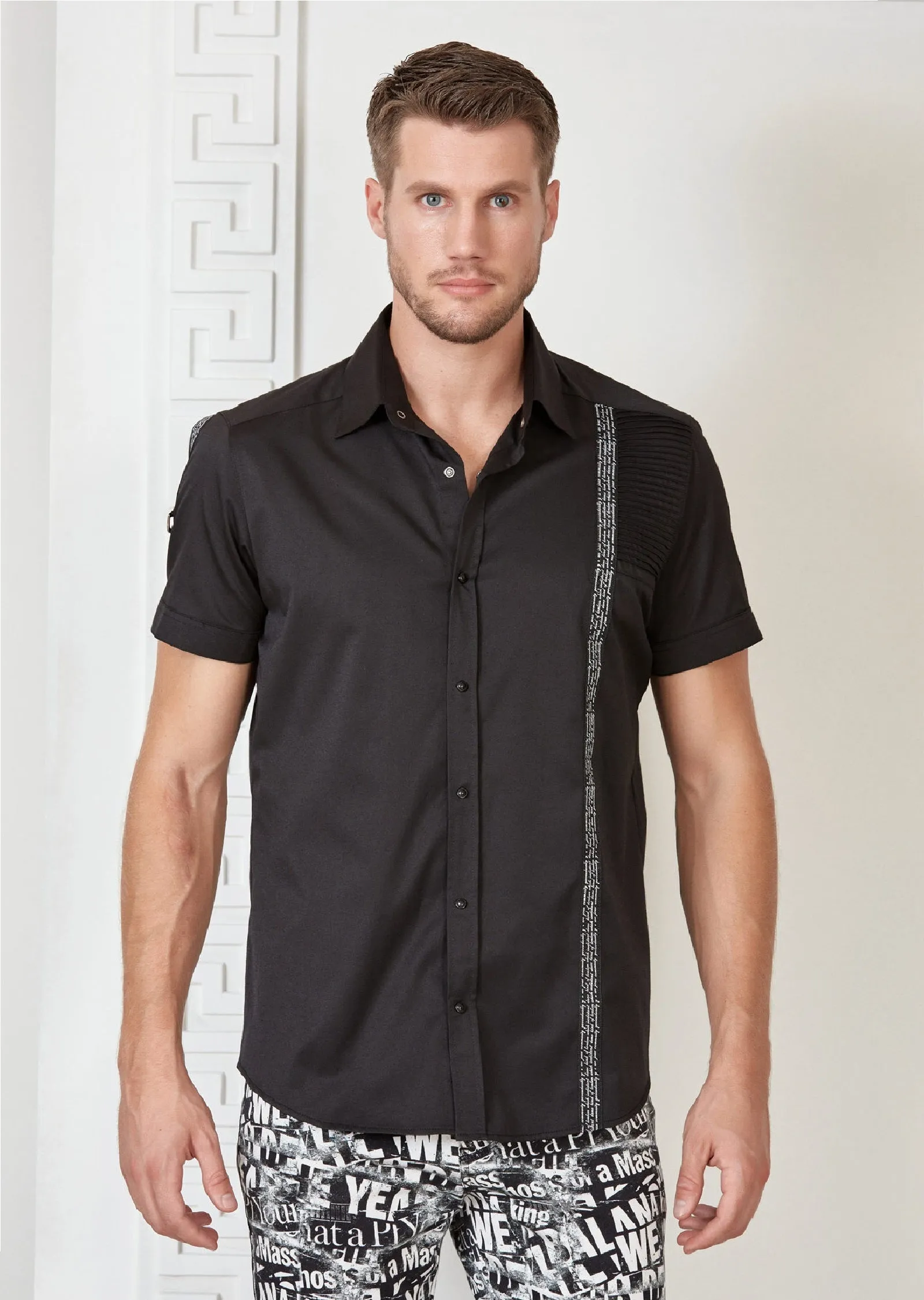 Black Quilted Ribbon Short Sleeve Shirt