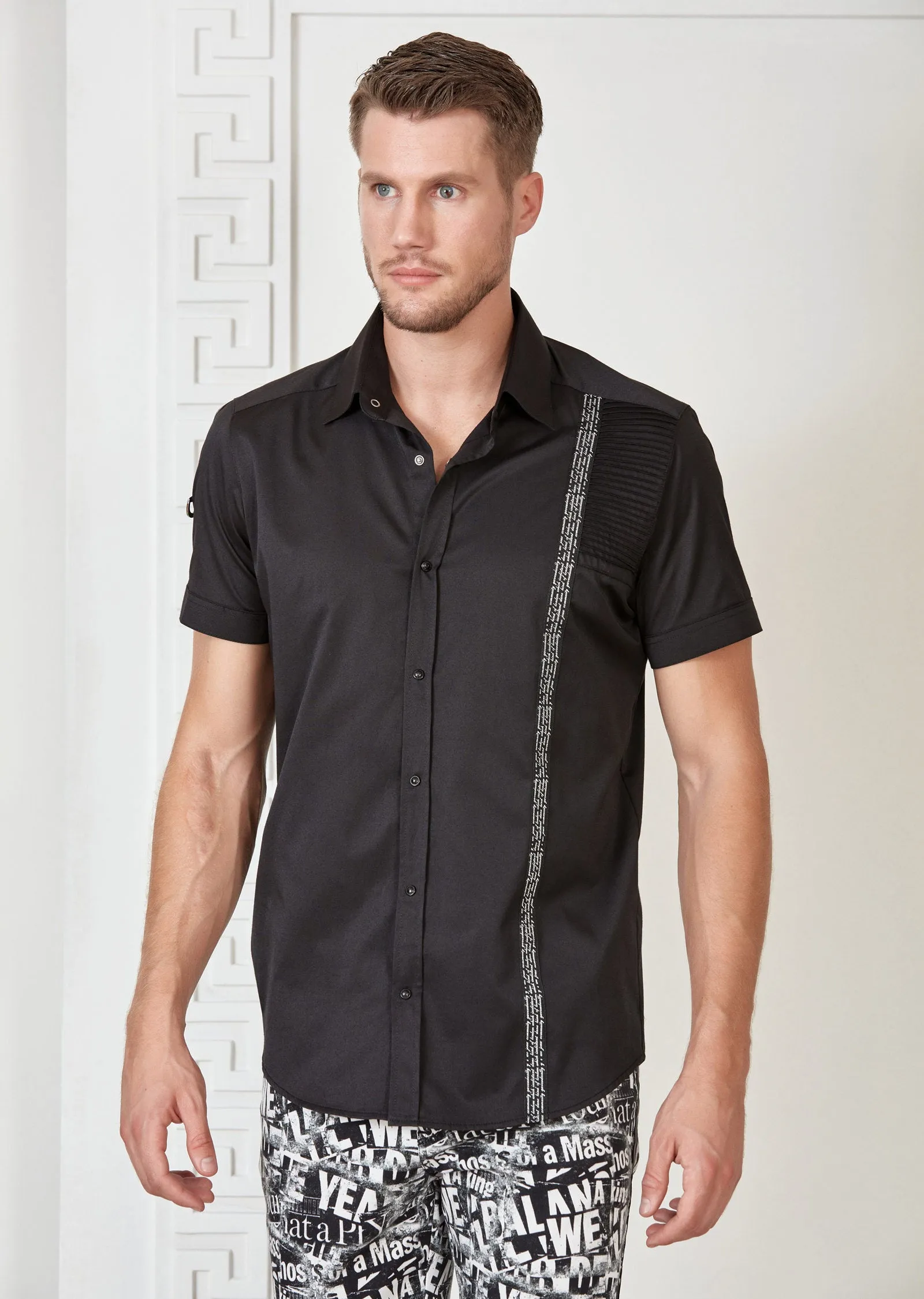 Black Quilted Ribbon Short Sleeve Shirt