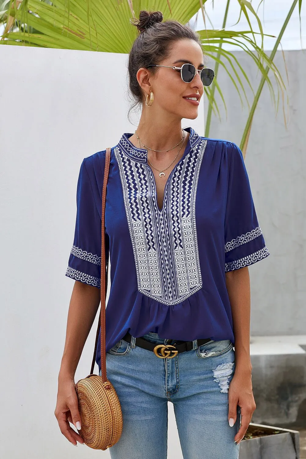 Blue Elbow Length Sleeves Front Embroidery Boho Blouse