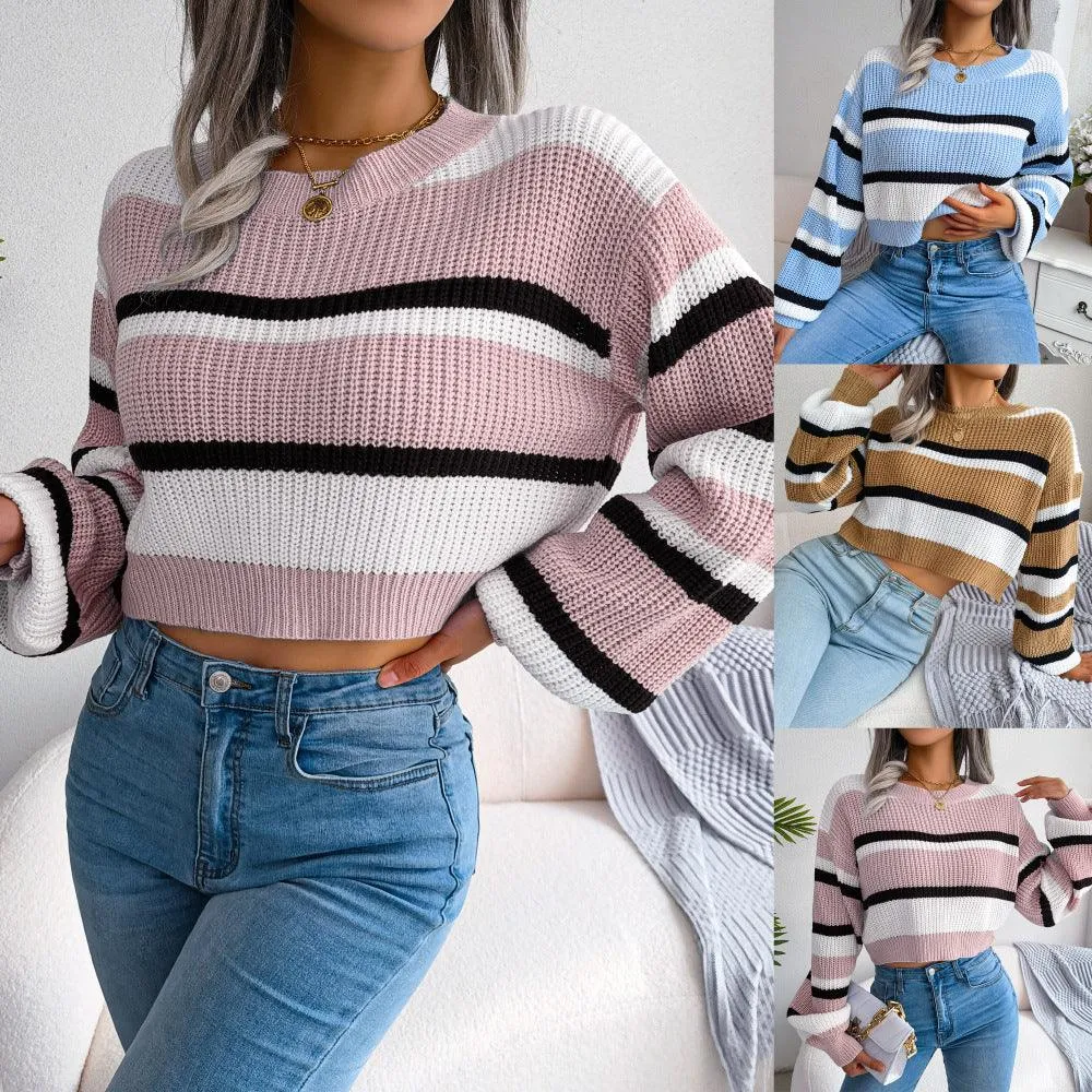 Casual Striped Long-Sleeved Knit — Women's Sweater