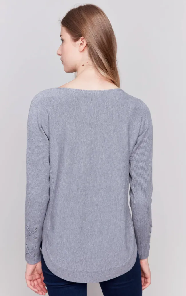 Charlie B Knit Sweater with Lace-Up Cuffs - Grey