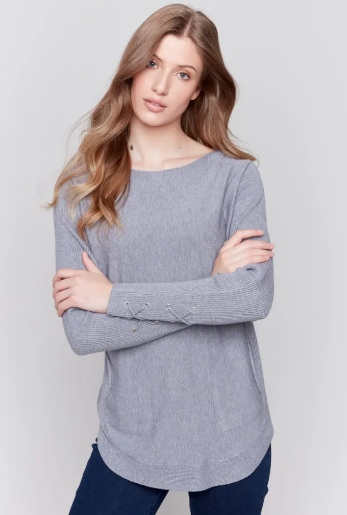 Charlie B Knit Sweater with Lace-Up Cuffs - Grey