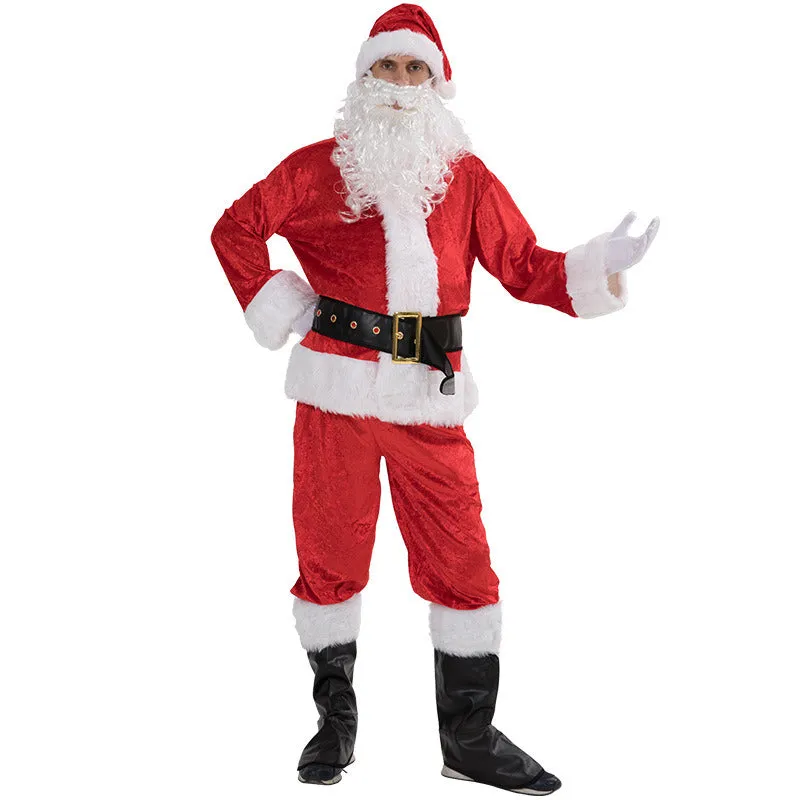 Christmas Red Fleece Warm 7-piece Set Santa Claus Classic Hat Tops Belt Pants Shoe Covers Gloves Whiskers Bell Glasses Gift Bag