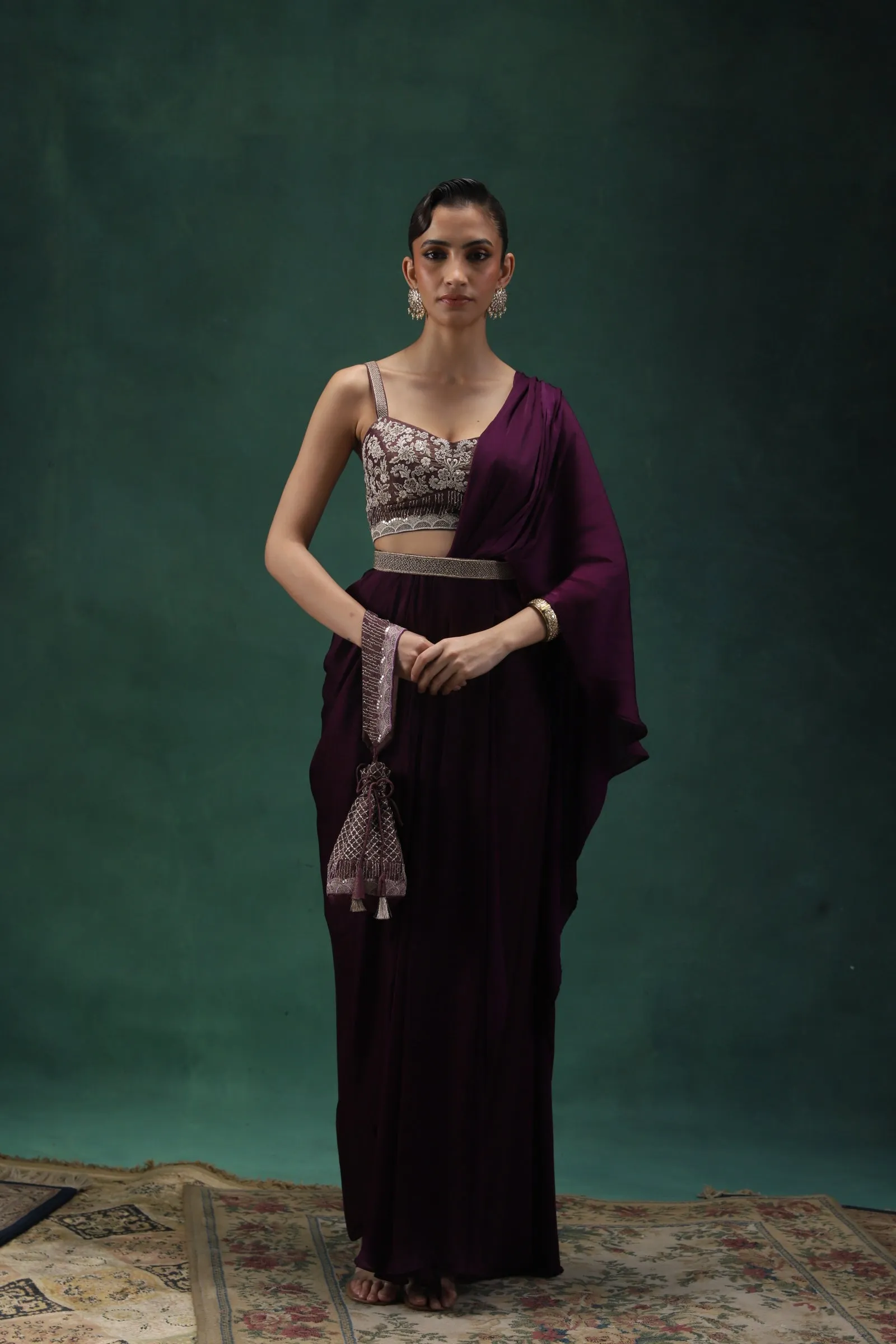 Embroidered Royal Purple Draped Sari Set With Belt