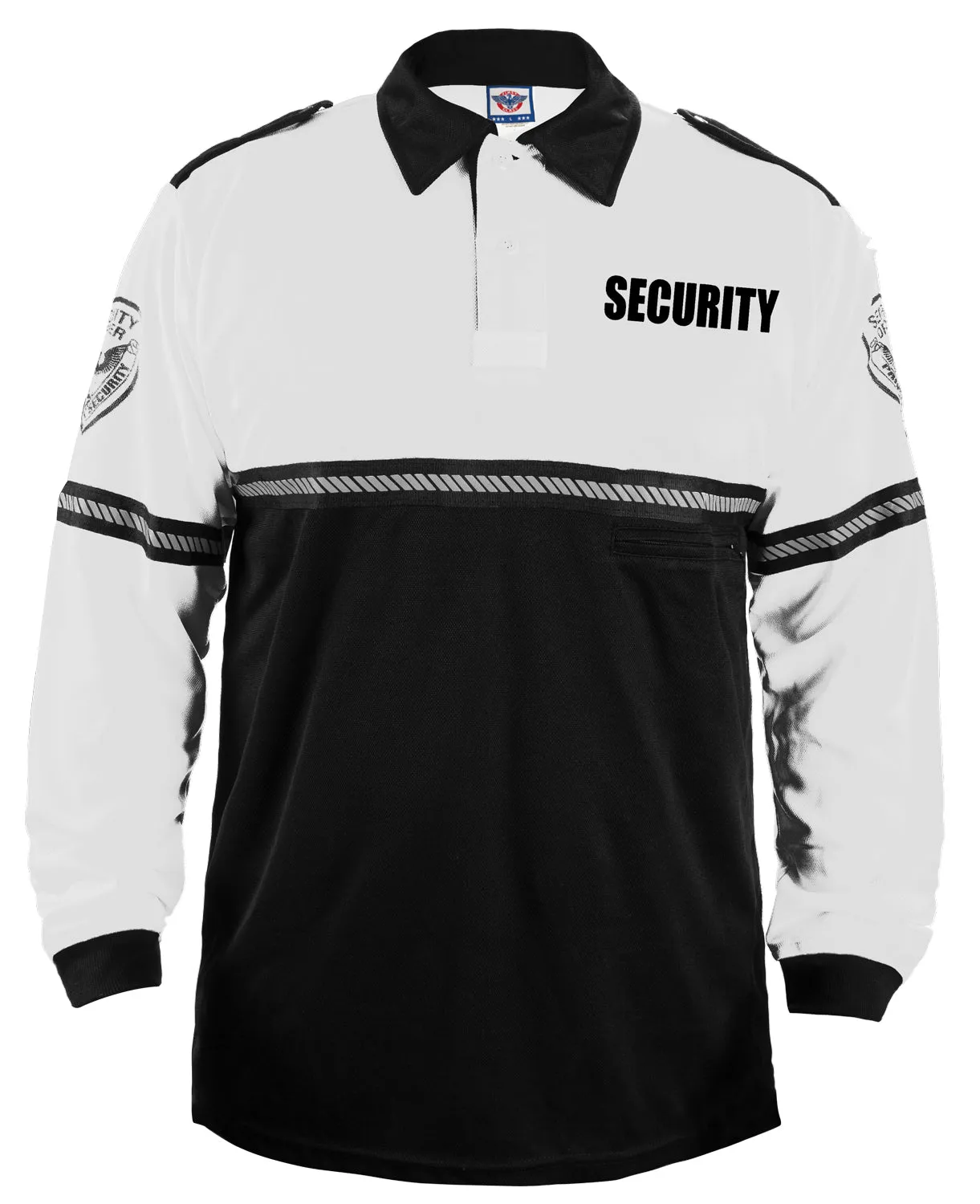 First Class Long Sleeve Security and Patch Two Tone Bike Patrol Polo Shirt with Zipper Pocket and Reflective Hash Stripes