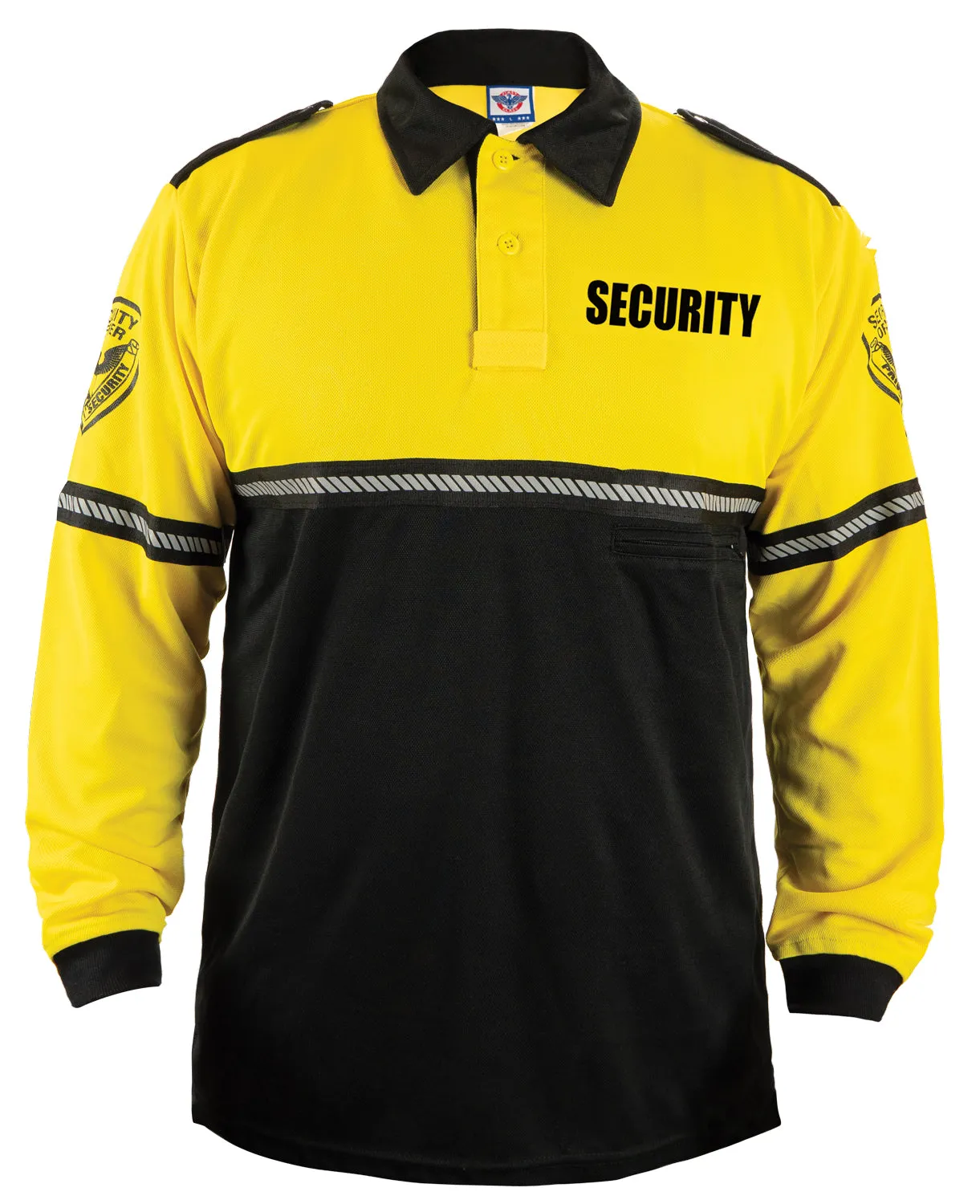 First Class Long Sleeve Security and Patch Two Tone Bike Patrol Polo Shirt with Zipper Pocket and Reflective Hash Stripes