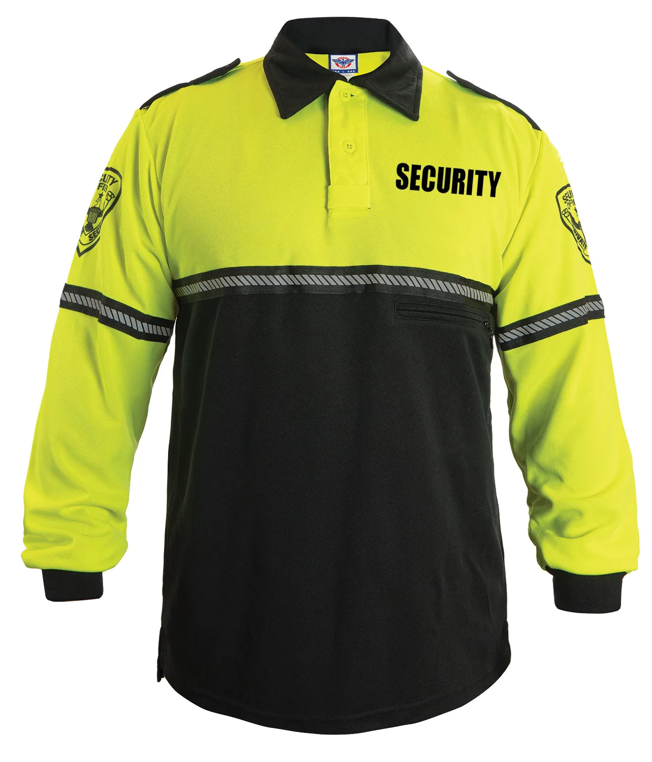 First Class Long Sleeve Security and Patch Two Tone Bike Patrol Polo Shirt with Zipper Pocket and Reflective Hash Stripes