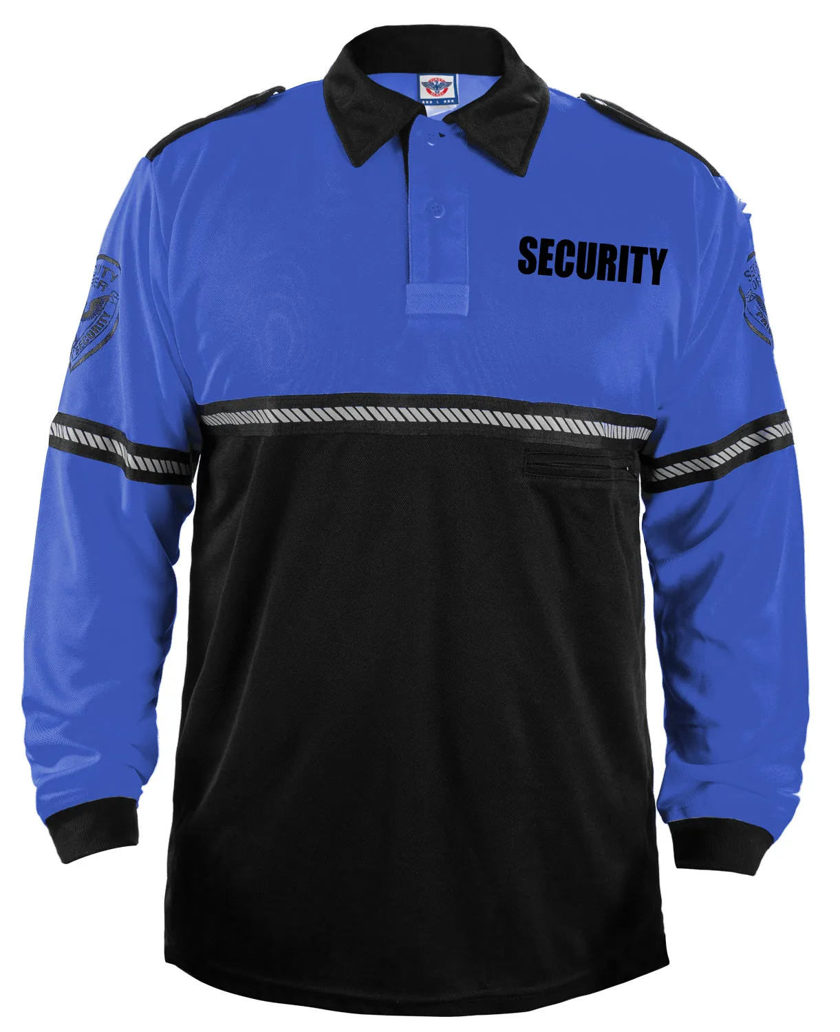 First Class Long Sleeve Security and Patch Two Tone Bike Patrol Polo Shirt with Zipper Pocket and Reflective Hash Stripes