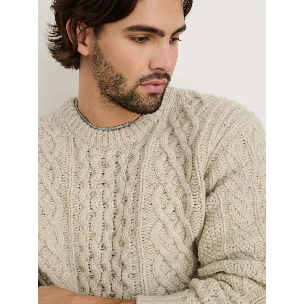 Fisherman Cable Crewneck Donegal Wool Oatmeal