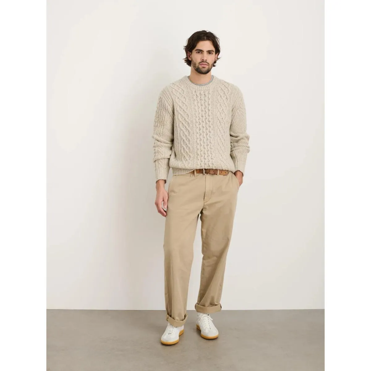 Fisherman Cable Crewneck Donegal Wool Oatmeal