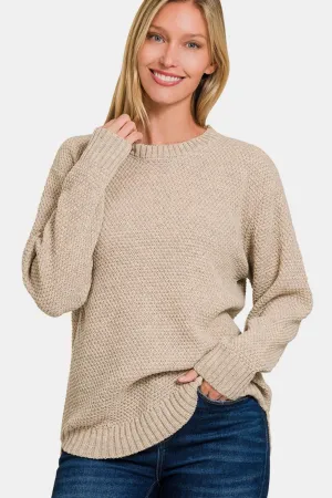 Full Size Round Neck Long Sleeve Curved Hem Sweater