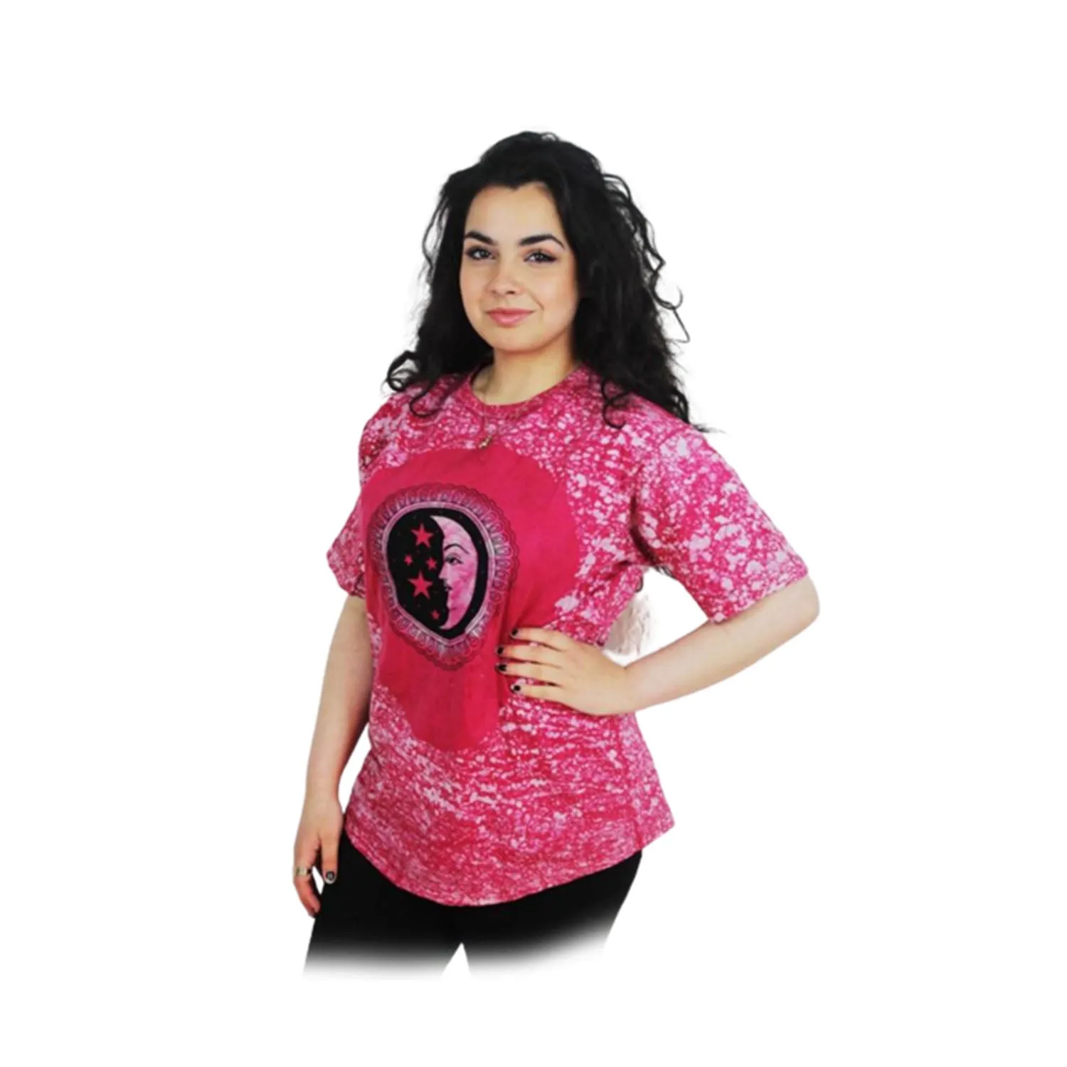 Groovy Moon Print Pink Round Neck T-Shirt