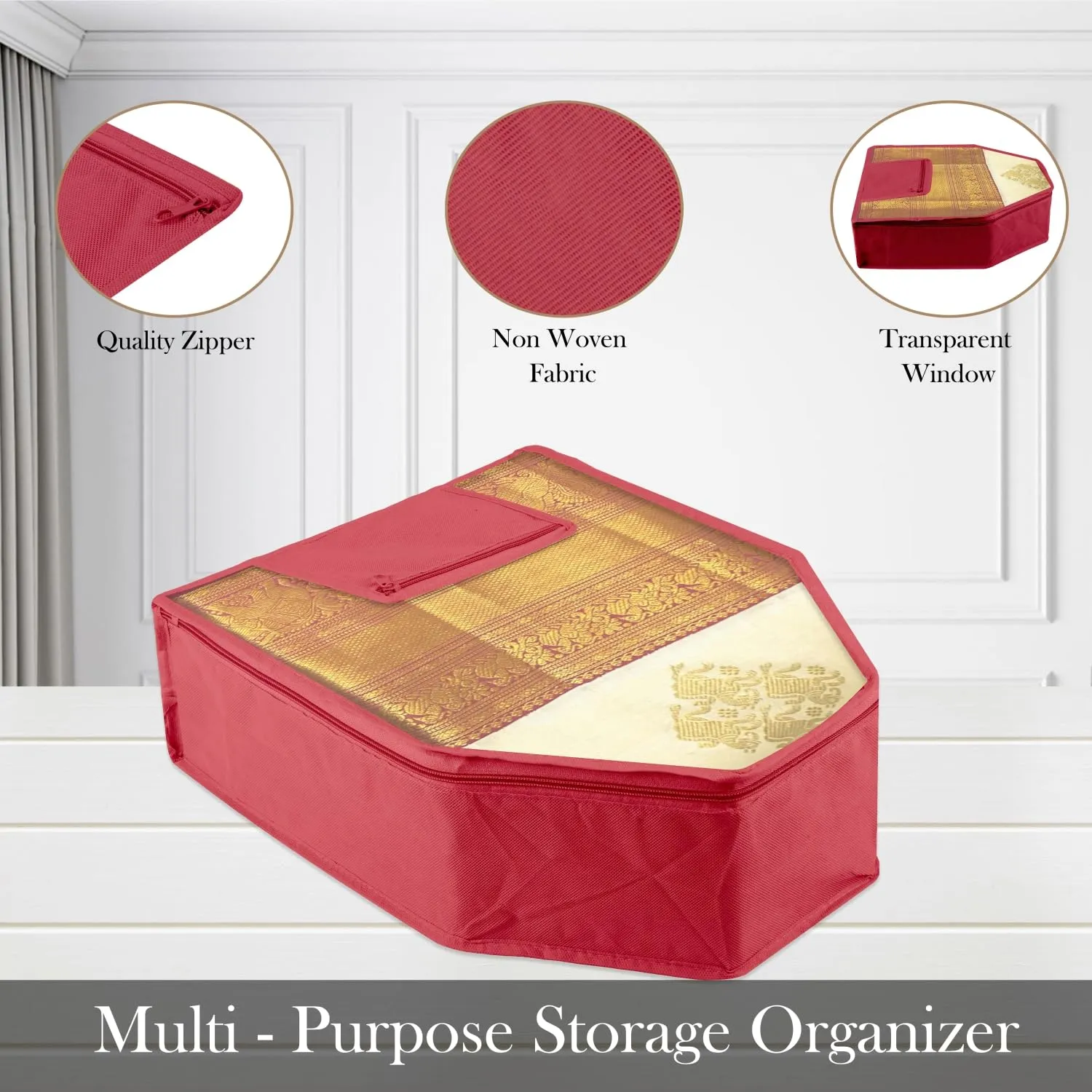 Heart Home Blouse Cover | Clothes Storage Bag | Zipper Wardrobe Organizers | Clothes Organiser with Attached Pocket | Non-Woven Front Transparent Blouse Cover | Pack of 9| Maroon