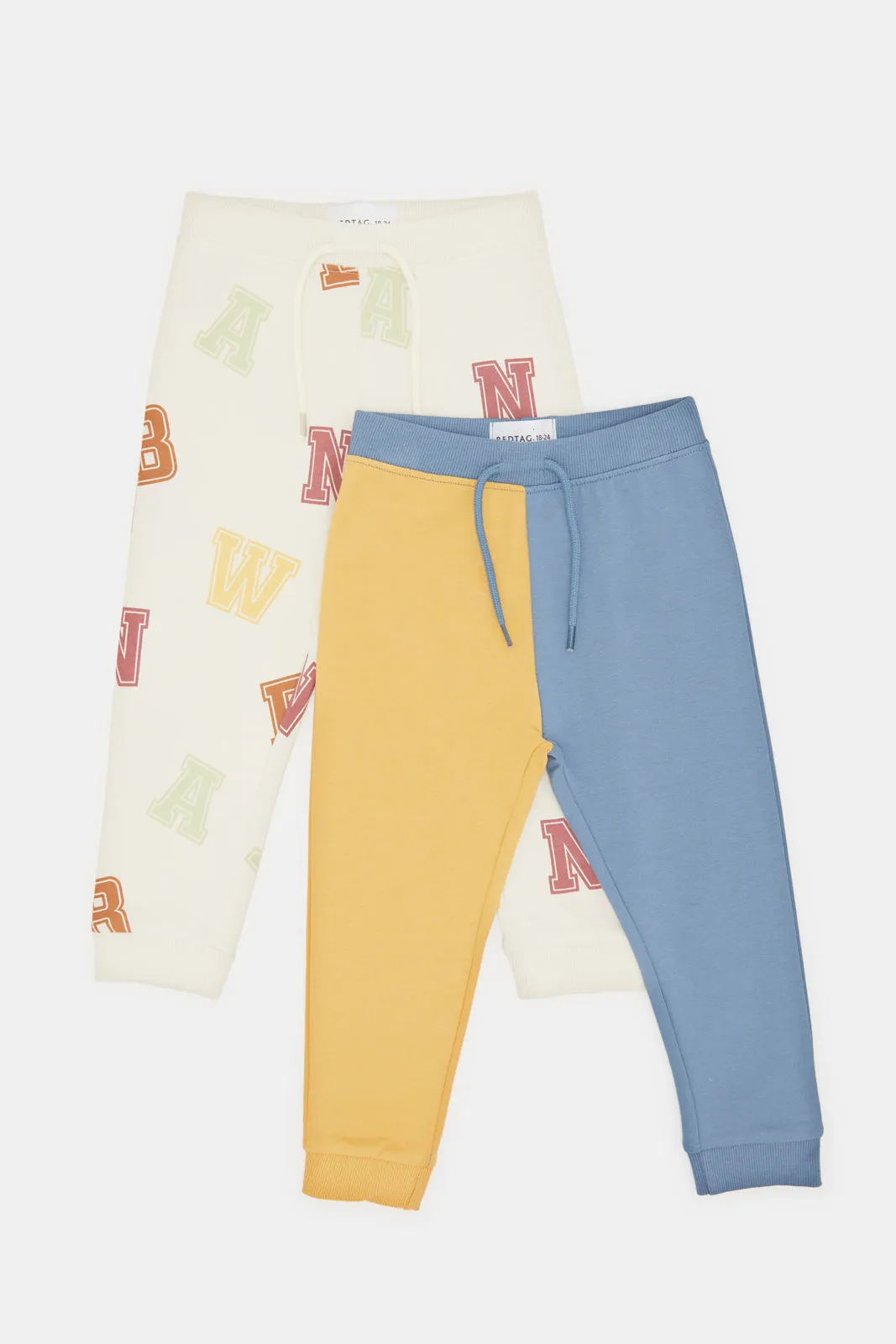 Infant Boys Cream And Mustard Printed Joggers (Pack of 2)