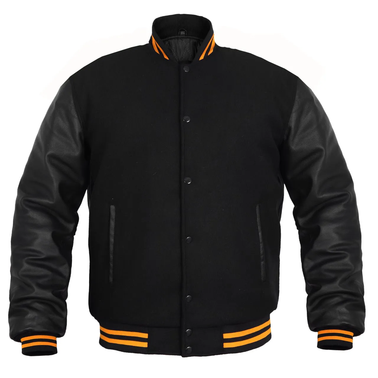 Kids Varsity Jacket Genuine Leather Sleeve and Wool Blend Letterman Boys College/School Varsity Jackets All Black(Yellow Line)