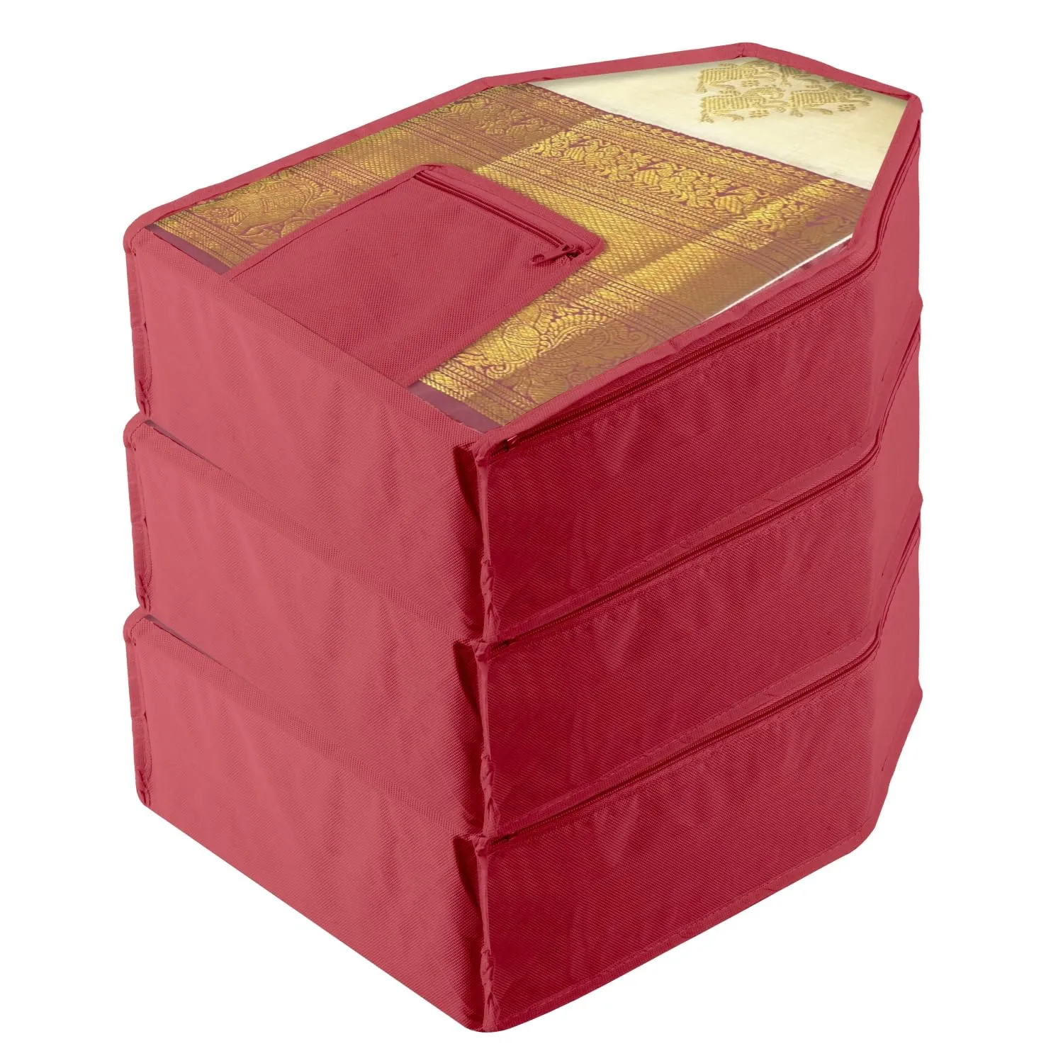 Kuber Industries Blouse Cover | Clothes Storage Bag | Zipper Wardrobe Organizers | Clothes Organiser with Attached Pocket | Non-Woven Front Transparent Blouse Cover | Pack of 3 | Maroon