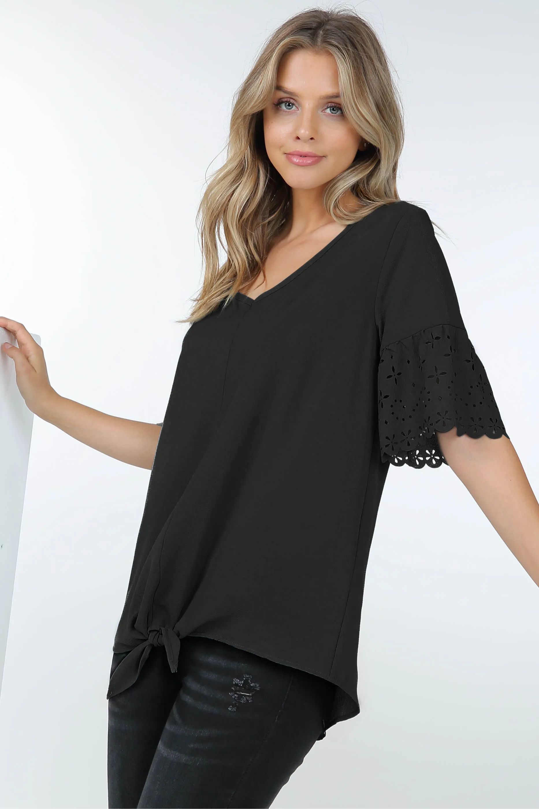 Laser cut short sleeve v neck top with tie