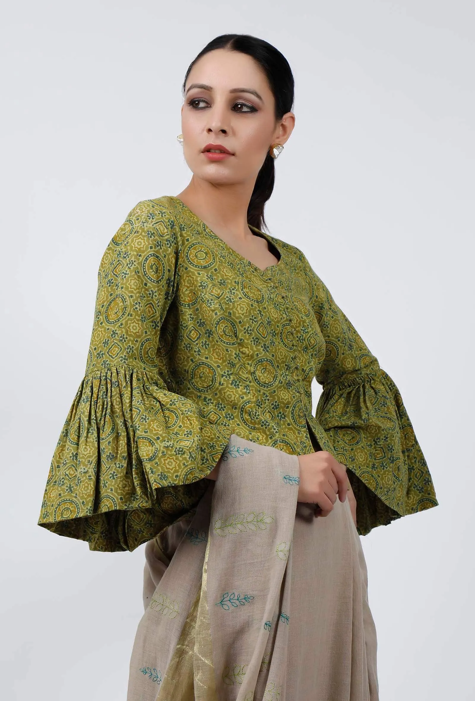 Light Green Ajrakh Hand Block Printed Cotton Blouse