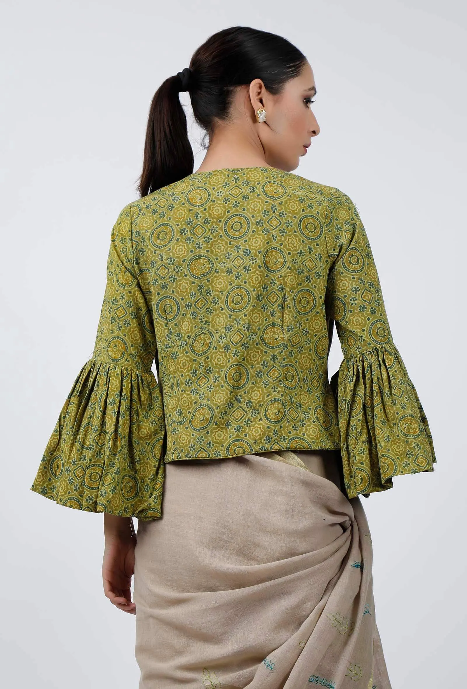 Light Green Ajrakh Hand Block Printed Cotton Blouse