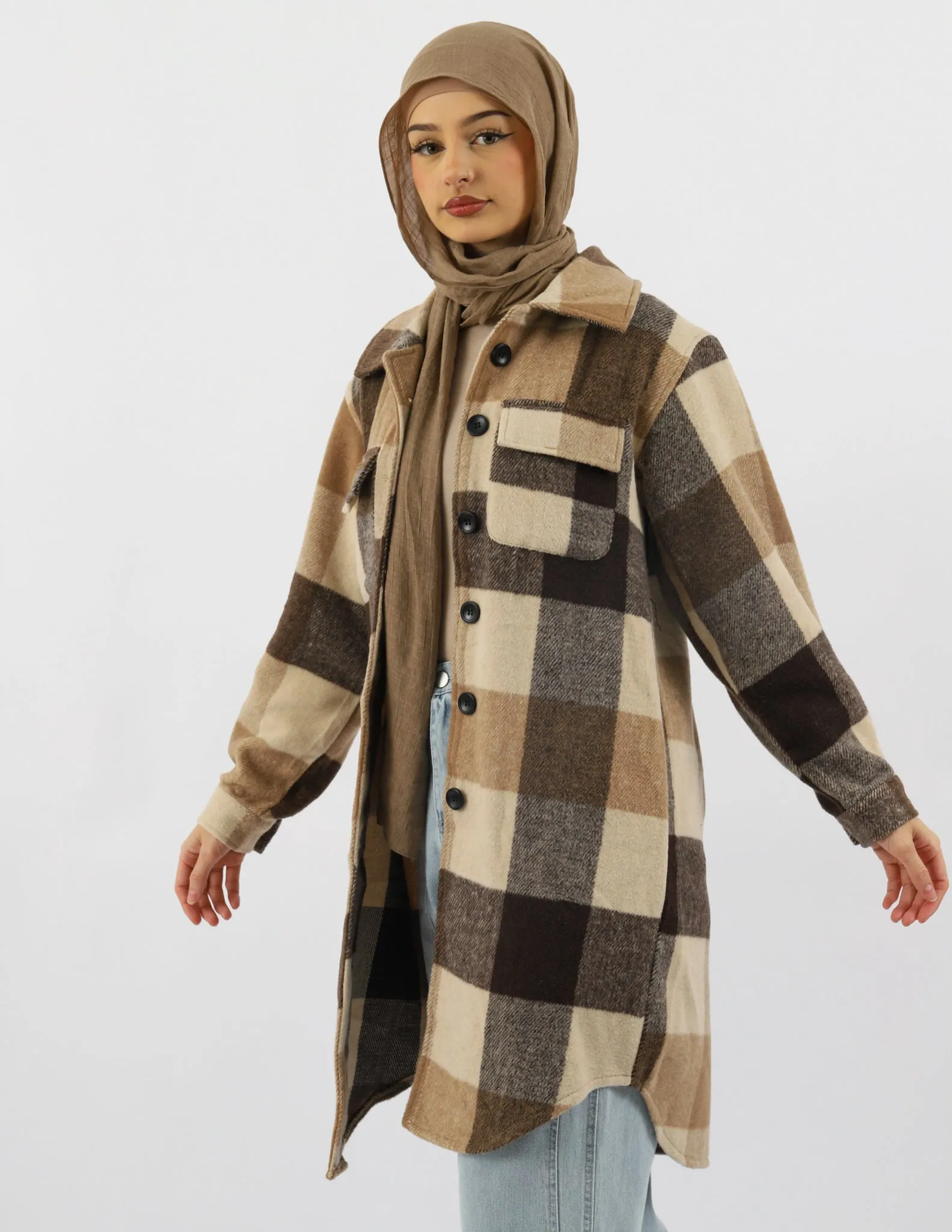 Long Checkered Fleece Jacket