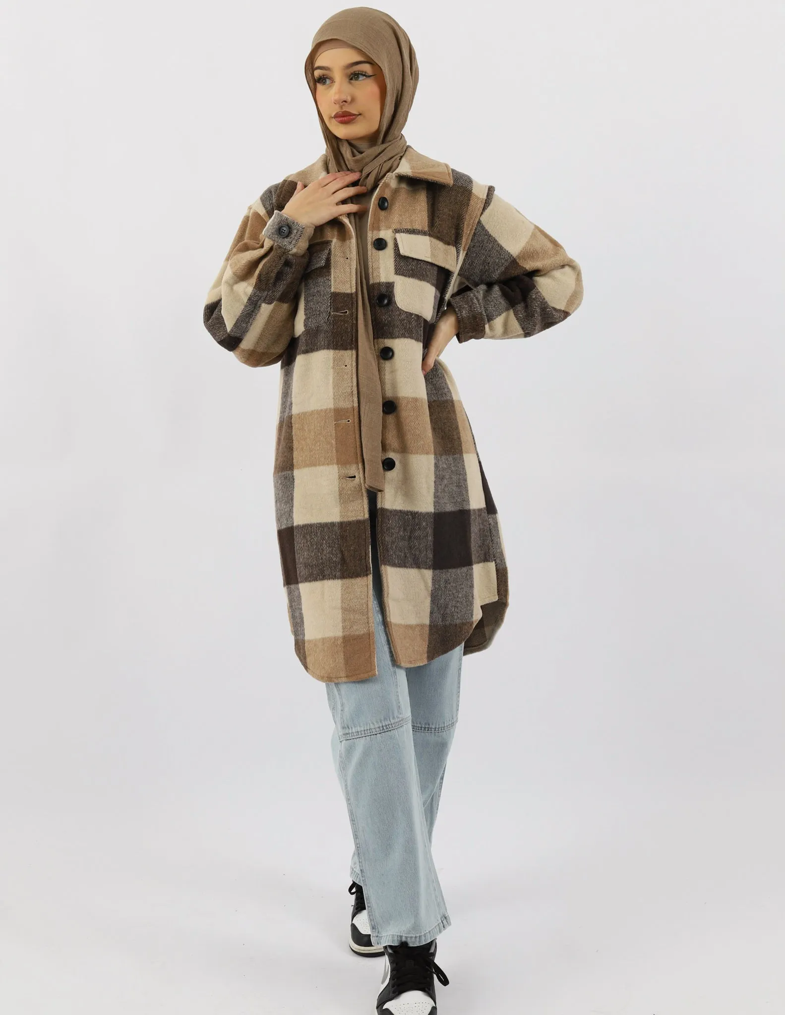 Long Checkered Fleece Jacket