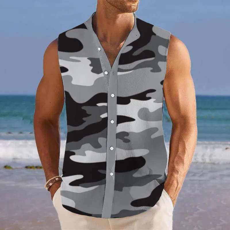 Men's Camo Print Breathable Linen Lapel Sleeveless Shirt 86755975YM