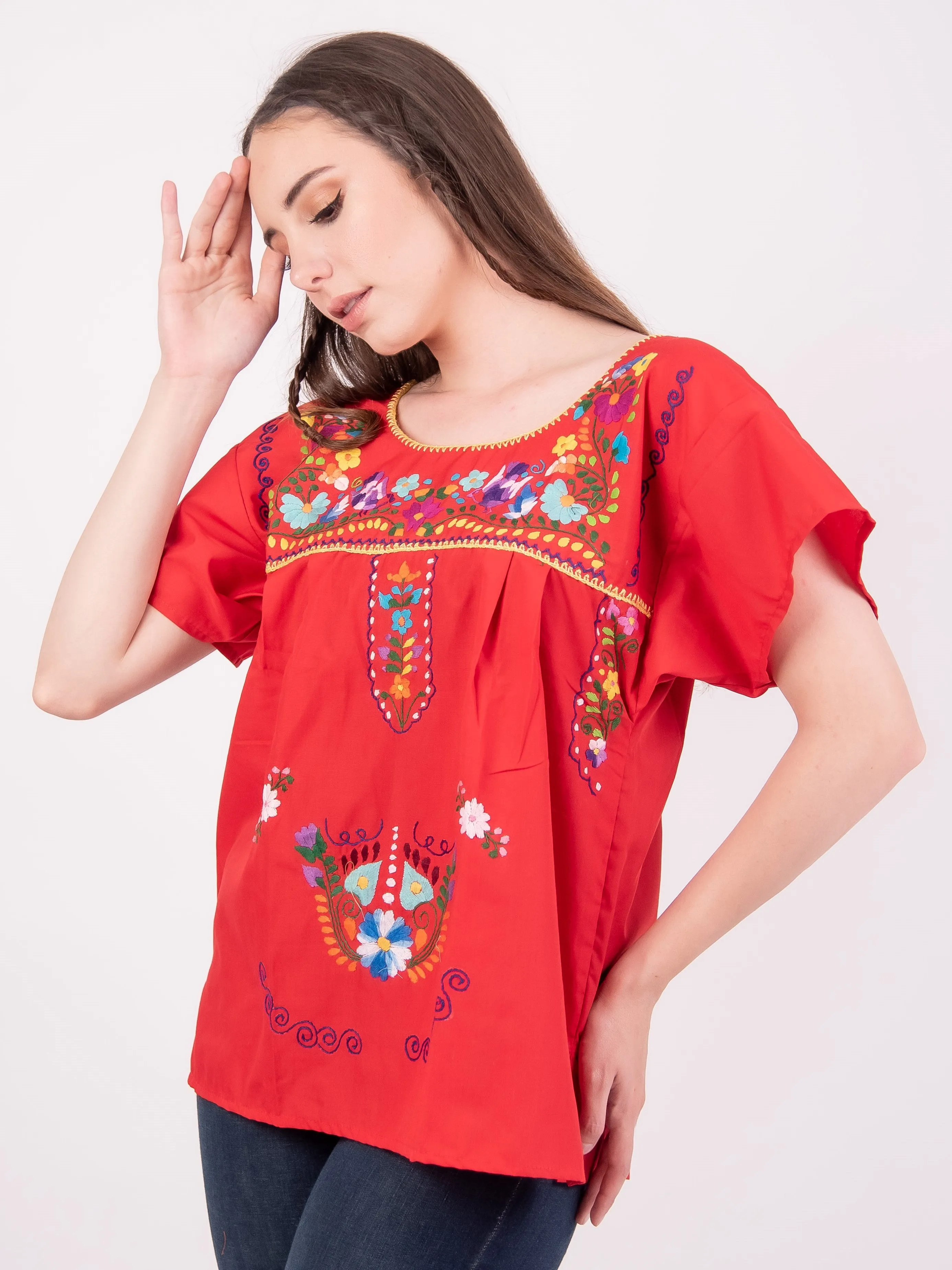 Mexican Tehuacan Full Embroidered Blouse Red