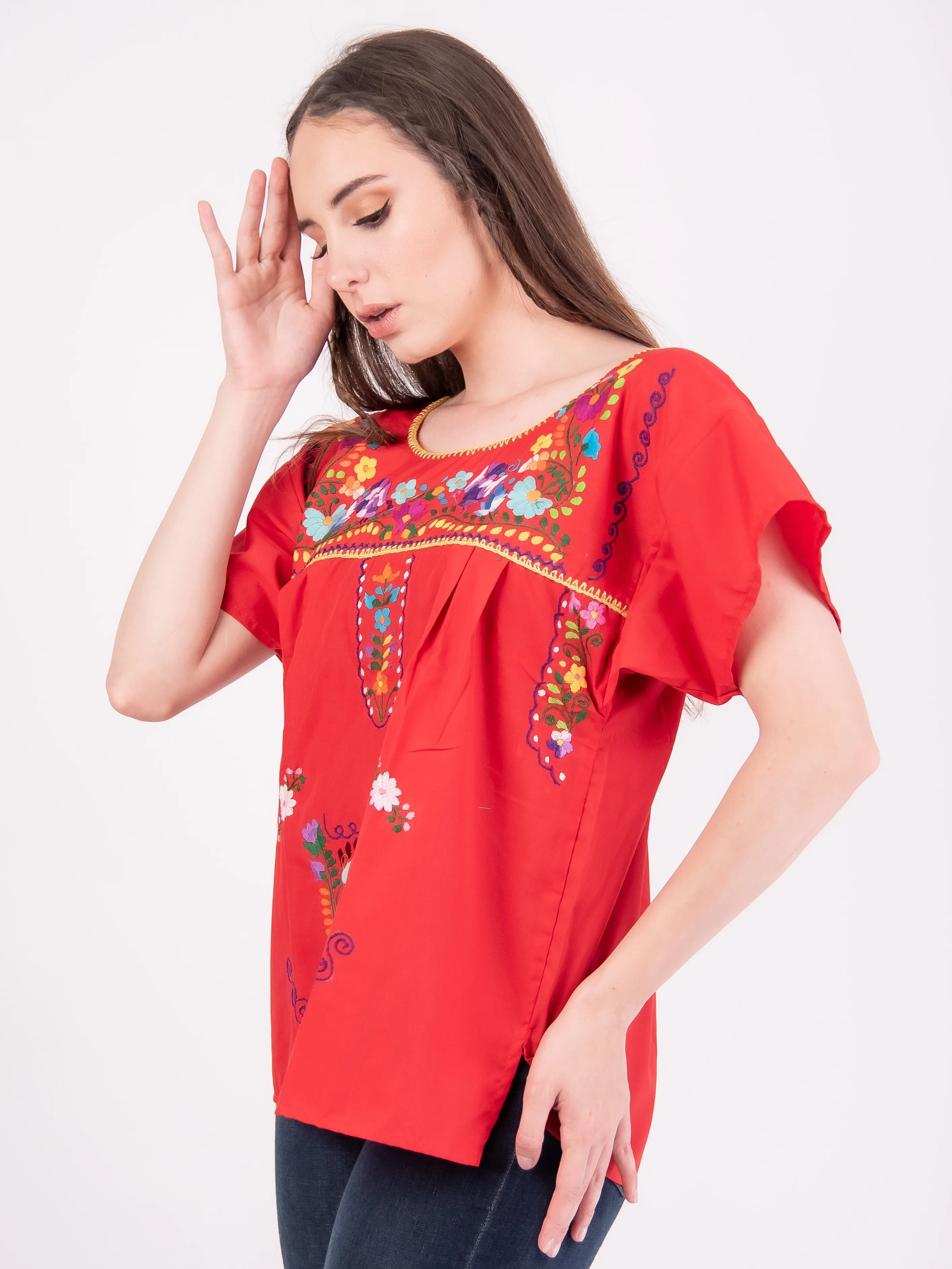 Mexican Tehuacan Full Embroidered Blouse Red