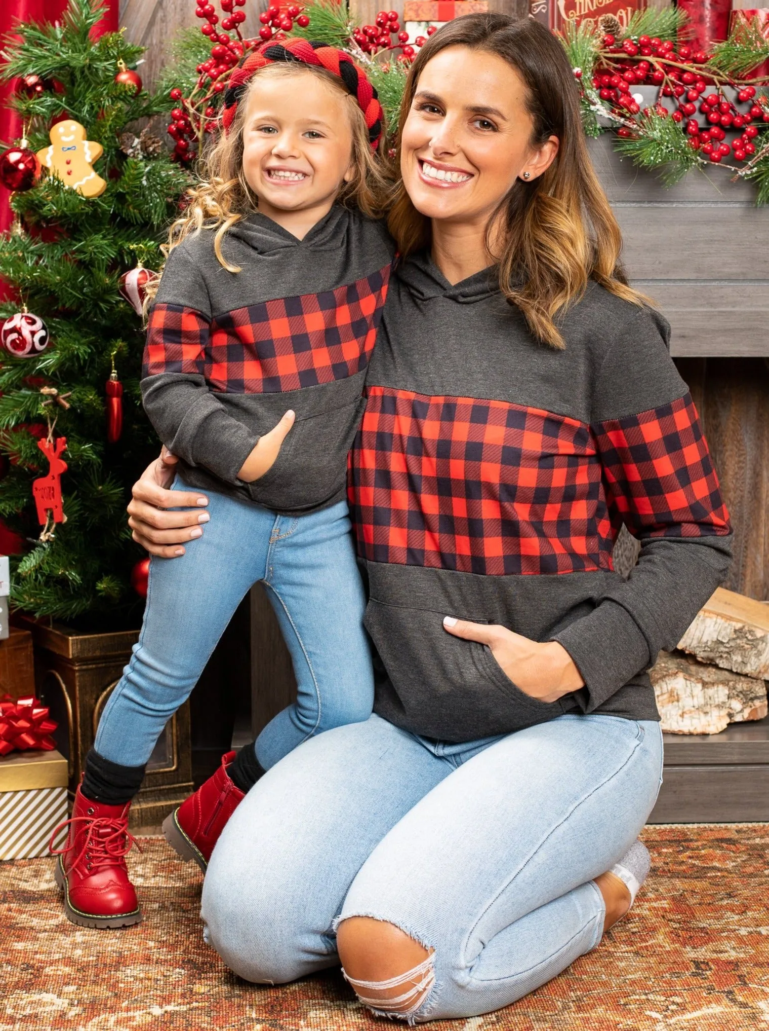 Mommy and Me Buffalo Plaid Colorblock Hoodie