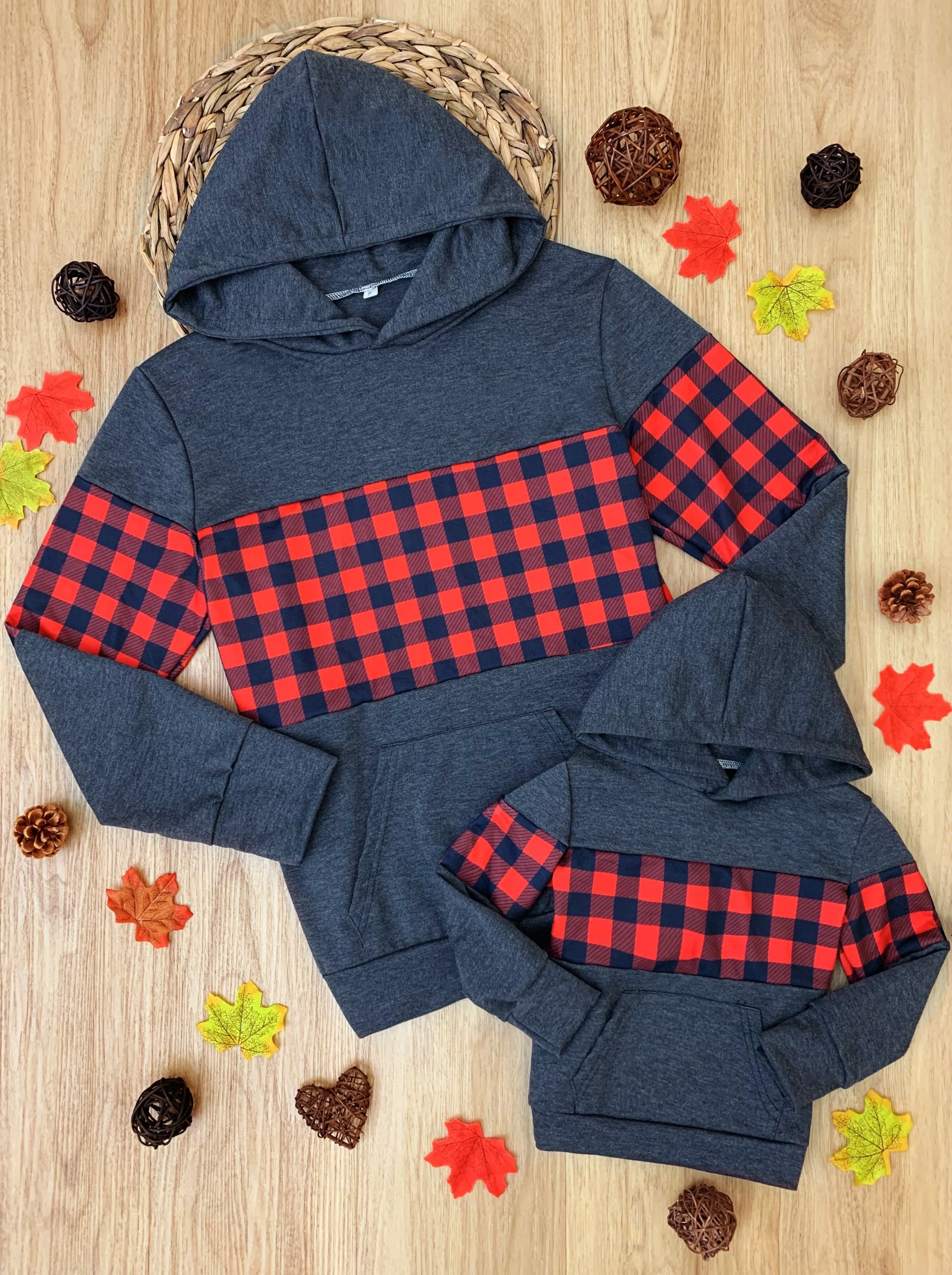 Mommy and Me Buffalo Plaid Colorblock Hoodie