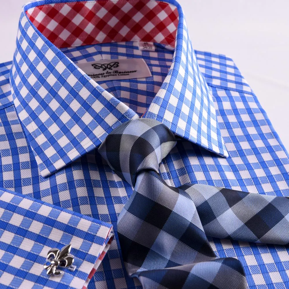 New Arrival Blue Checks On Twill Formal Business Dress Shirt With Fashion Inner-Lining