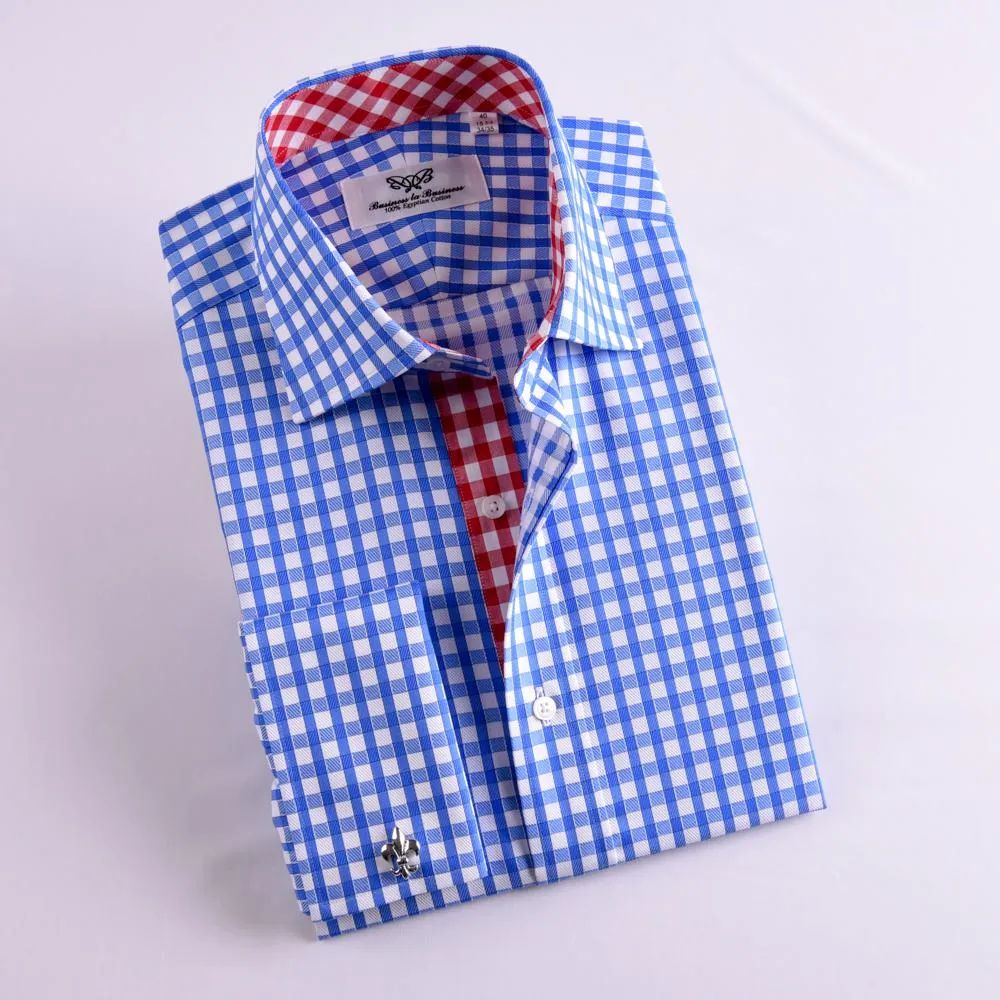 New Arrival Blue Checks On Twill Formal Business Dress Shirt With Fashion Inner-Lining