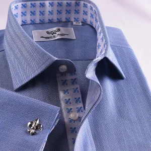 New Arrival Blue Herringbone Formal Business Dress Shirt Stylish Luxury Fashion Apparel in French Cuffss