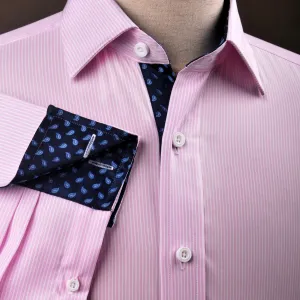 Pink Hollow Stripe Formal Business Dress Shirt with Blue Flame Inner-Lining