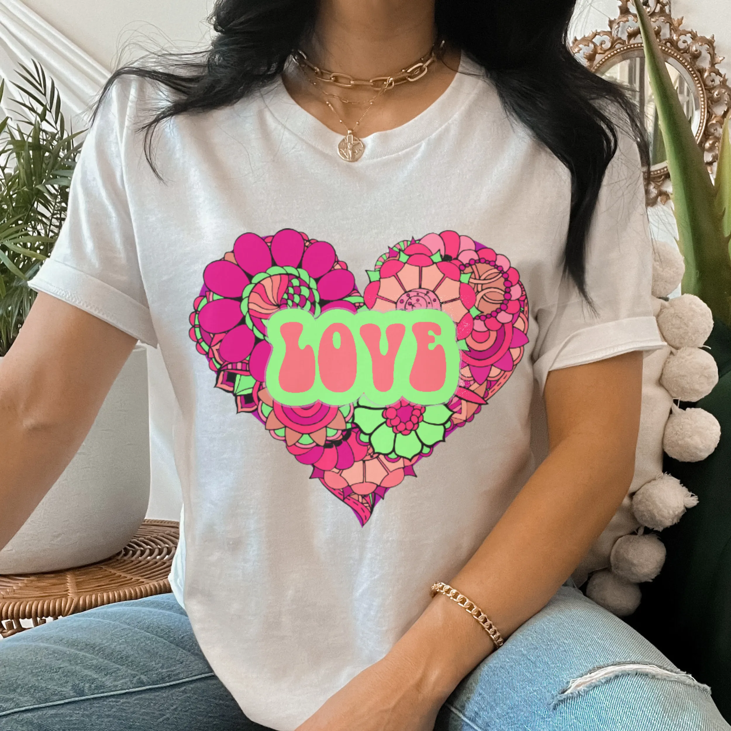 Retro Valentine's Day Pink and Green Heart Love Unisex-Size Winter Crewneck or T-Shirt Valentine's Hippie White Crewneck Sweatshirt