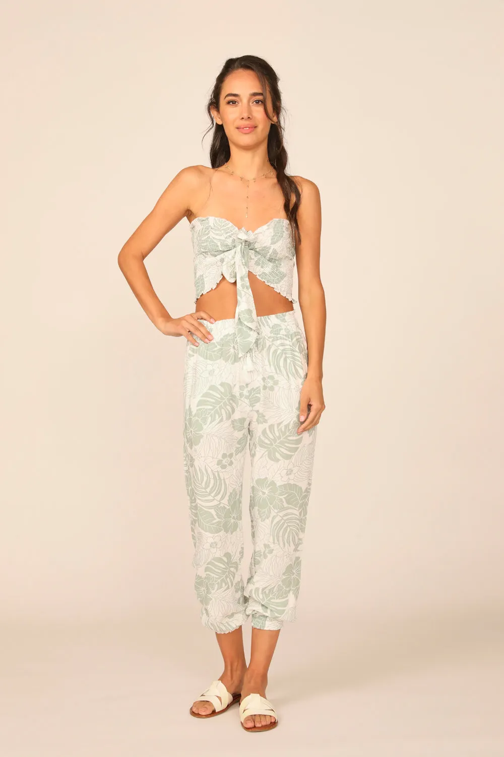 Sage Hawaiian Print Rayon Smocked Tie Front Crop Top