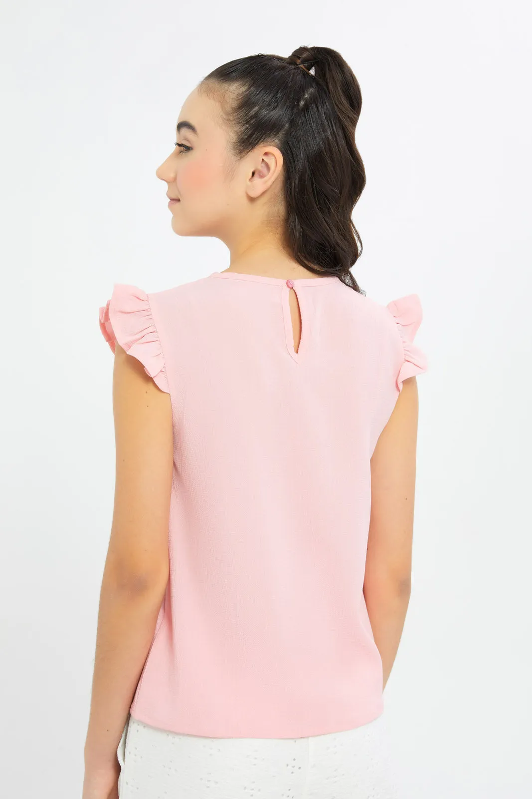 Senior Girls Pink Ruffled Sleeve Top