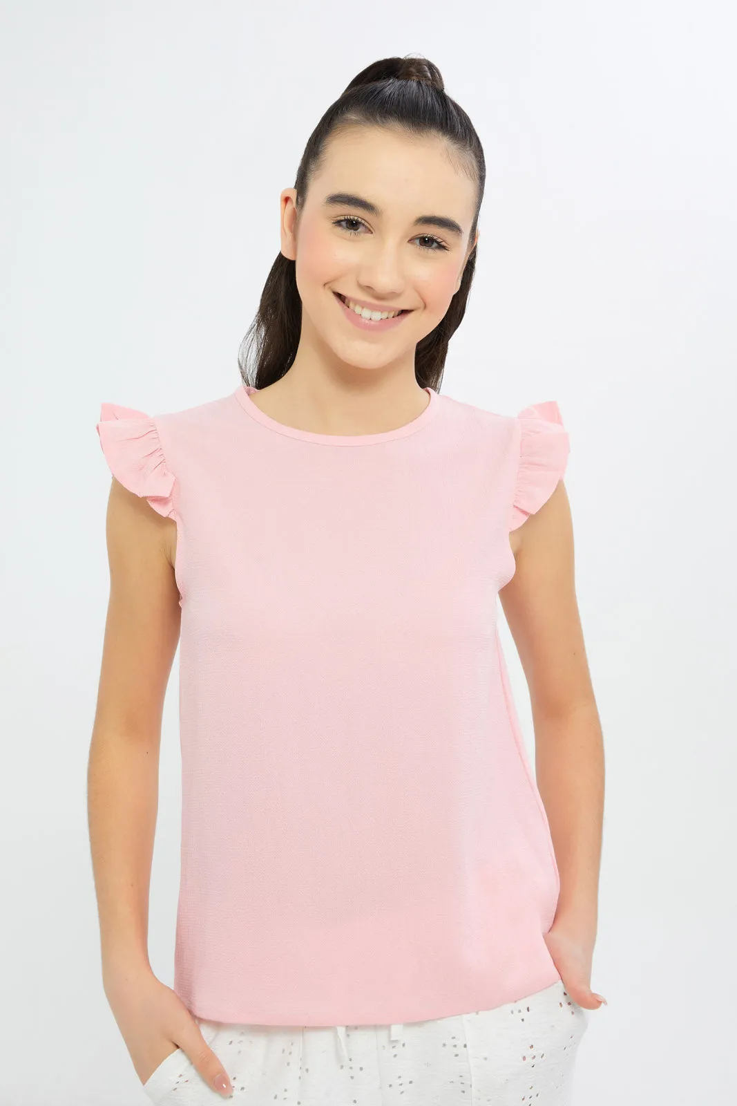 Senior Girls Pink Ruffled Sleeve Top