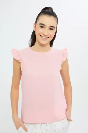 Senior Girls Pink Ruffled Sleeve Top