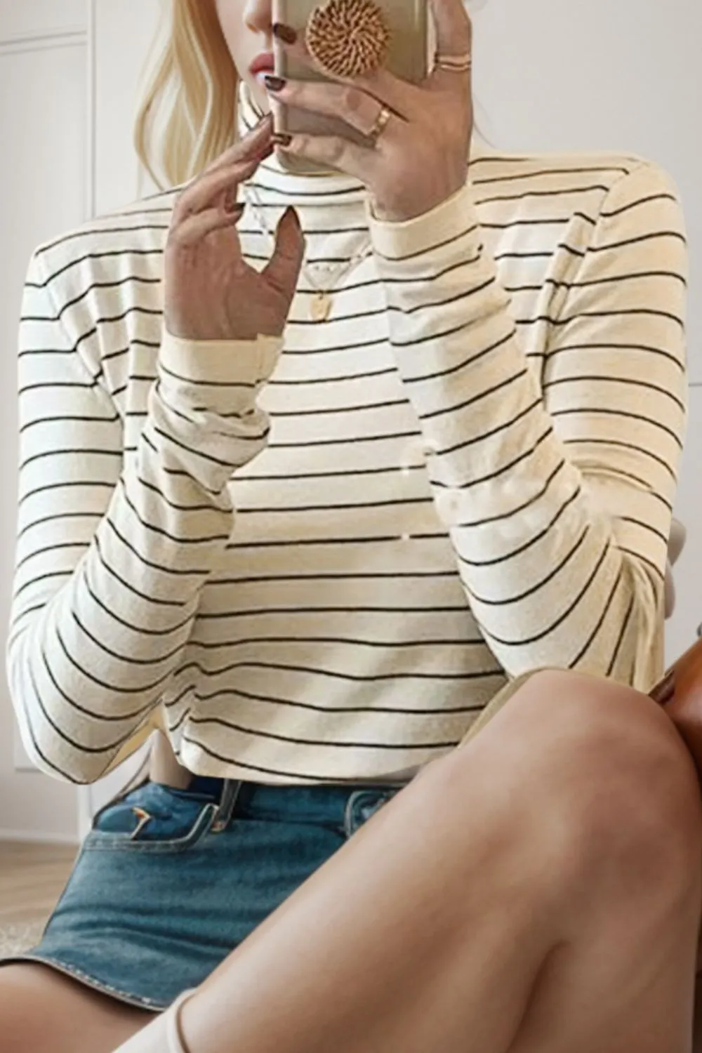 Striped Turtleneck Long Sleeve T-Shirt Women's Wool and Nylon Premium Warm Long Sleeve Blouse