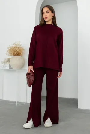 Stylish Knitted Sweater Trouser Set Claret red